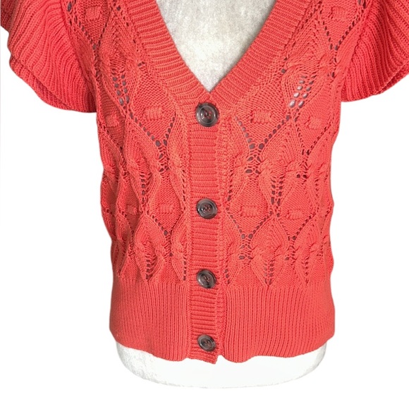 Marc New York Coral Pointelle Knit Ruffle Sleeve Button Cardigan in Cayenne M - Picture 3 of 10